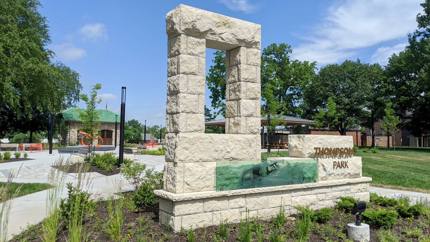 This is an image of downtown overland park thompson park east entrance sign plaza web