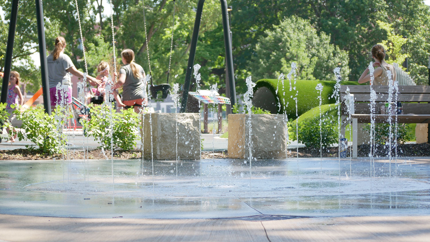 This is an image of downtown overland park thompson splash pad cu web
